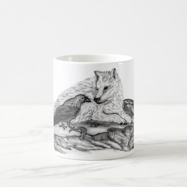 Mug Wolf and Raven black and white design (Centre)