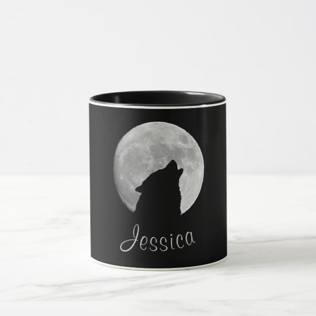 Mug Wolf Howling à la Pleine lune, Votre Nom (Centre)
