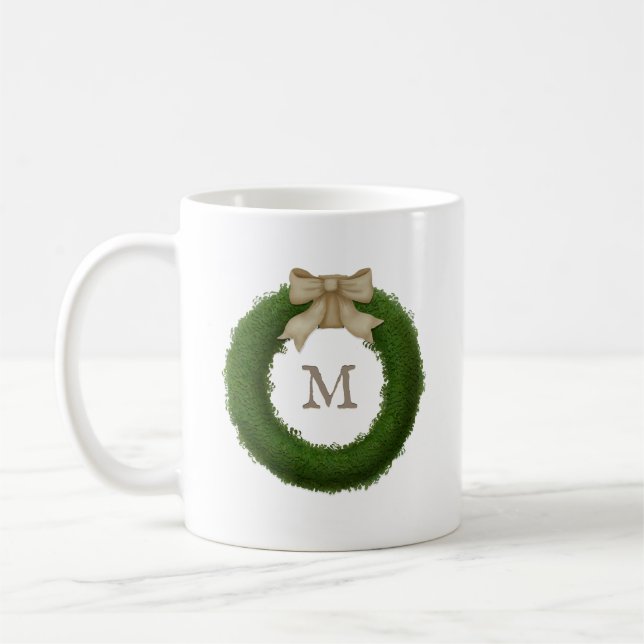 Mug Wreath Boxwood Avec Bow Rustique Personnalisé Mono (Gauche)