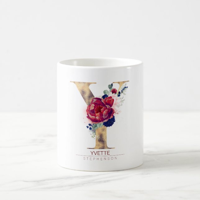 Mug Y Monogramme Floral Bourgogne Rouge et bleu marine (Centre)