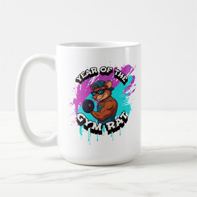 Mug Year of the Gym Rat Funny Workout Cartoon Design (Gauche)