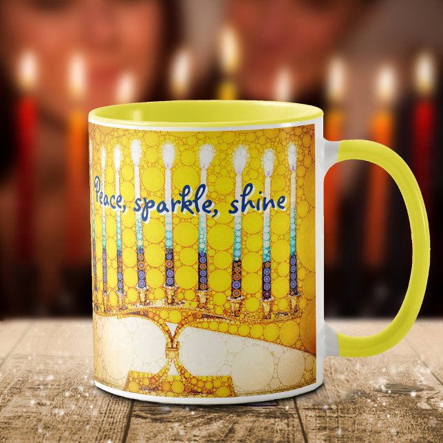 Mug Yellow Hanoukka Menorah Peace Sparkle Shine Script (Choose from 4 color combos!)