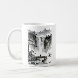 Mug Zen Waterfall Mountain Ink Art Explore Compass