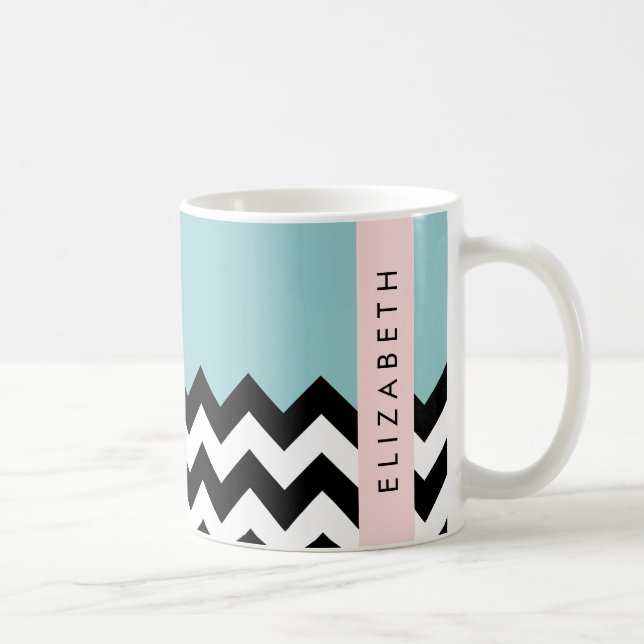 Mug Zigzag noir et blanc, Chevron, Bleu, Votre nom (Droite)