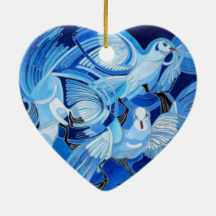 Muge's Pigeons in Blue Ceramic Ornament