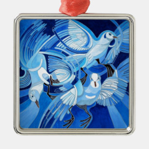 Muge's Pigeons in Blue Metal Ornament