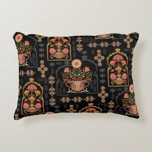 Mughal Floral Motif: Black Seamless. Accent Pillow