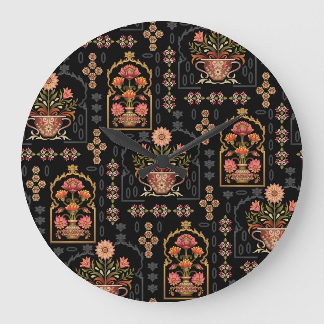 Mughal Floral Motif: Black Seamless. Large Clock (Front)