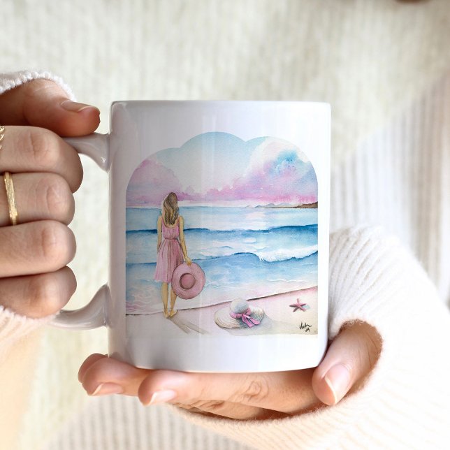 Mugs de café de plage - Cadeaux de la Saint-Valent (beach coffee mugs watercolor shoreline art scene with woman in pink by Victoria Grigaliunas)
