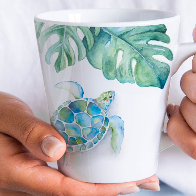 Mugs de plage Tortue de mer bleu turquoise aquarel (latte mugs sea turtle beach coffee mug art by Victoria Grigaliunas)