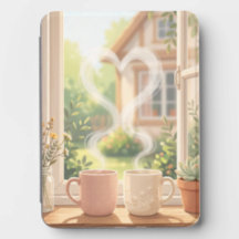 Mugs fumants sur un rebord de fenêtre avec cœur