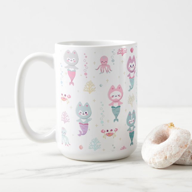 Mugs nautiques décorés de mignons chatons de sirèn (Avec donut)