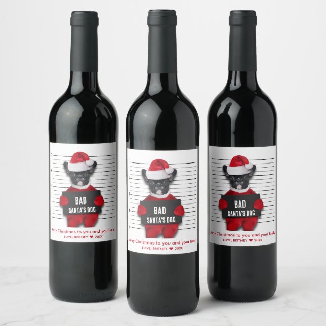 Mugshot Bad Santa's Dog Funny Christmas Wine Label (Bottles)