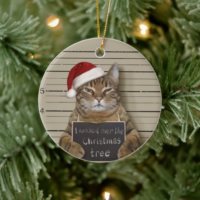 Mugshot Cat Christmas Ceramic Ornament (Tree)
