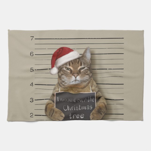 Mugshot Cat Christmas Kitchen Towel (Horizontal)