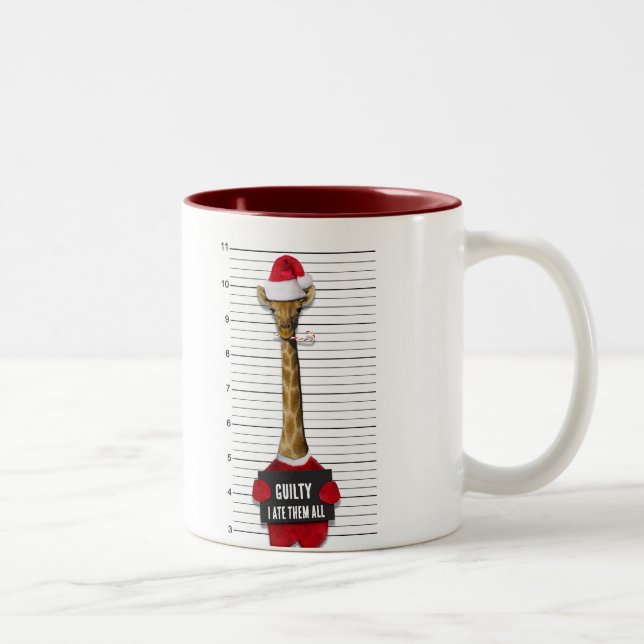 Mugshot Guilty Giraffe Funny Christmas Two-Tone Coffee Mug (Right)