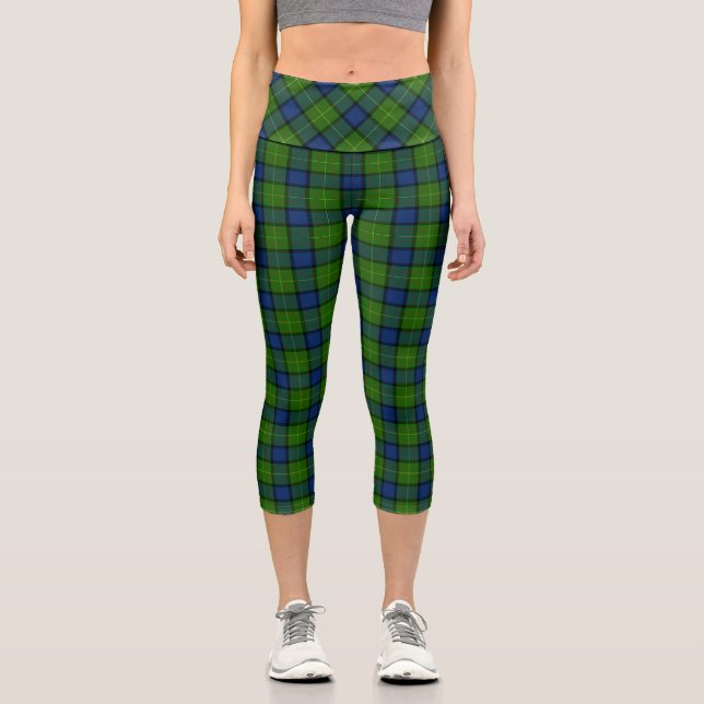 Muir Moore tartan green blue plaid  Capri Leggings (Front)