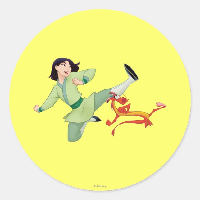 Mulan and Mushu Kicking Classic Round Sticker (Front)