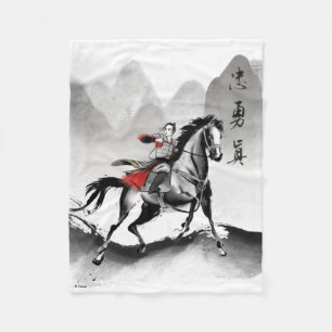 Mulan In Armor Riding Black Wind Watercolor Fleece Blanket