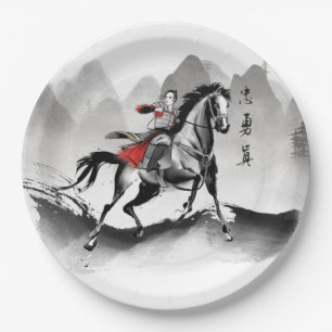 Mulan In Armor Riding Black Wind Watercolor Paper Plate