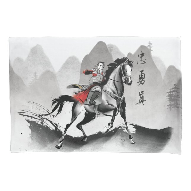 Mulan In Armor Riding Black Wind Watercolor Pillowcase (Front)