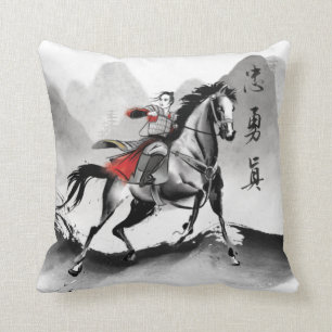 Mulan In Armor Riding Black Wind Watercolor Throw Pillow
