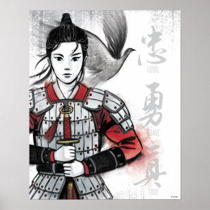 Mulan In Armour "Loyal Brave True" Watercolor Poster
