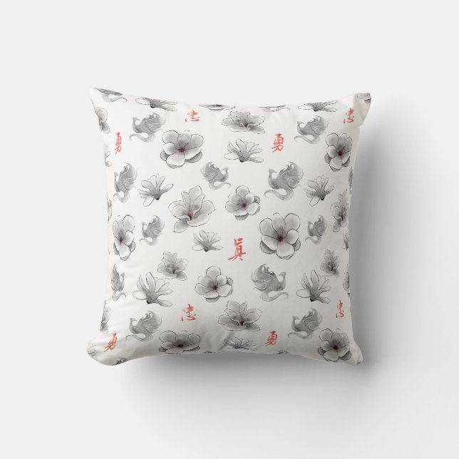 Mulan "Loyal Brave True" Flower & Spirit Pattern Throw Pillow (Front)