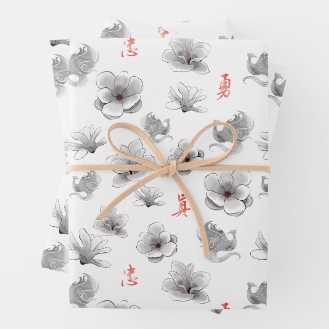 Mulan "Loyal Brave True" Flower & Spirit Pattern Wrapping Paper Sheet (In situ)