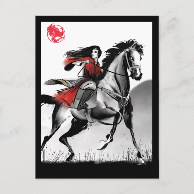 Mulan Riding Black Wind Framed Watercolor Postcard (Front)