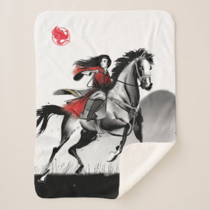 Mulan Riding Black Wind Framed Watercolor Sherpa Blanket