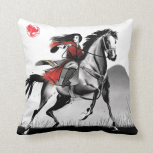 Mulan Riding Black Wind Framed Watercolor Throw Pillow