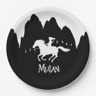 Mulan Riding Black Wind Past Mountains Silhouette Paper Plate