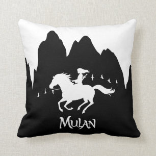 Mulan Riding Black Wind Past Mountains Silhouette Throw Pillow