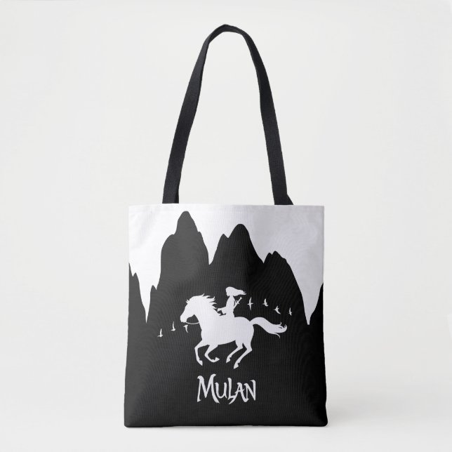 Mulan Riding Black Wind Past Mountains Silhouette Tote Bag (Front)