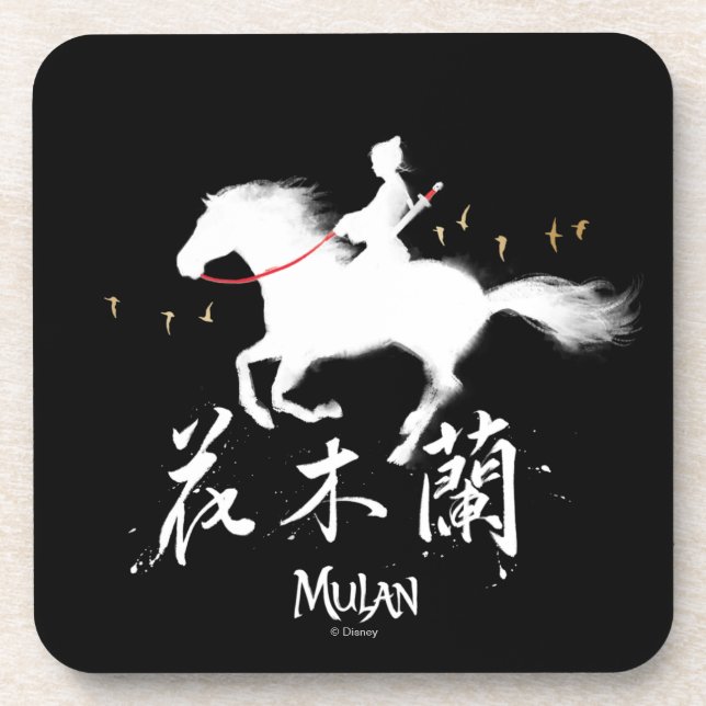 Mulan Riding Black Wind Silhouette Watercolor Coaster (Front)