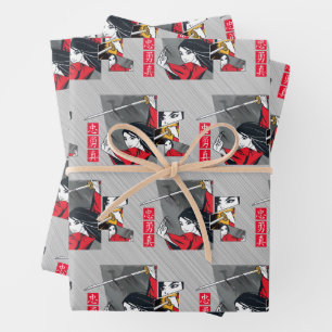 Mulan With Sword Illustrated Panels Wrapping Paper Sheet