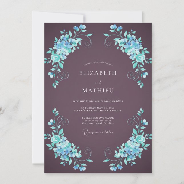Mulberry Aqua Hydrangea Wedding Invitation (Front)