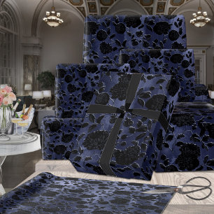 Mulberry Blue Ombre Moonlit Black Floral Toile Wrapping Paper