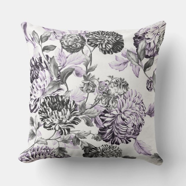 Mulberry Blue Purple Black & White Floral Toile Throw Pillow (Front)