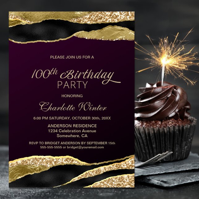 Mulberry Gold Glitter 100th Birthday Party Invitation (Creator Uploaded)