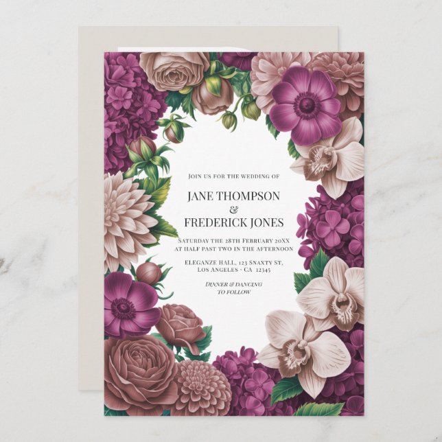 Mulberry, Mauve Clay & Soft Fig Wedding Invitation (Devant / Derrière)