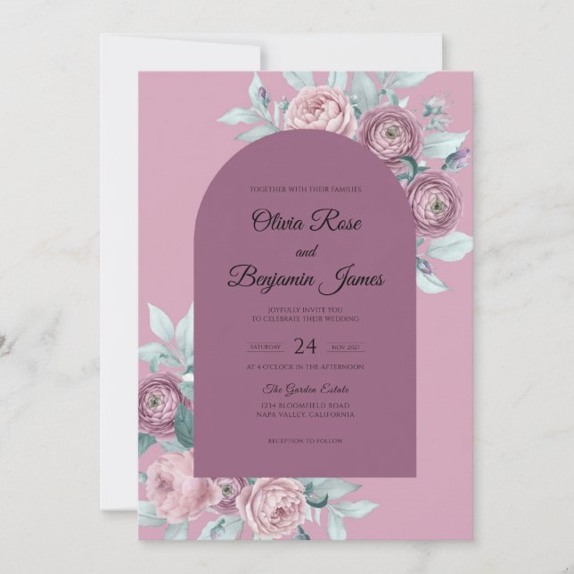 Mulberry Mint Leaf Wedding Invitation (Front)