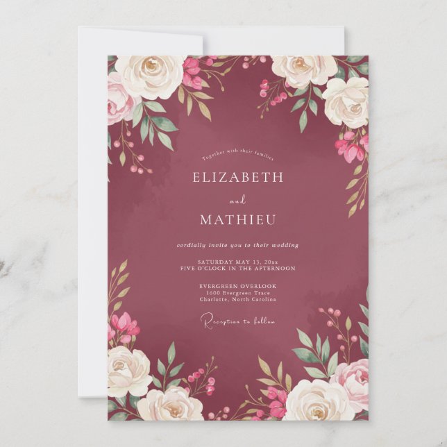 Mulberry Peony Wedding Invitation (Front)