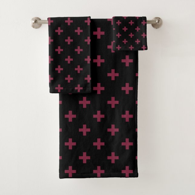 Mulberry polka crosses on black bath towel set (Insitu)