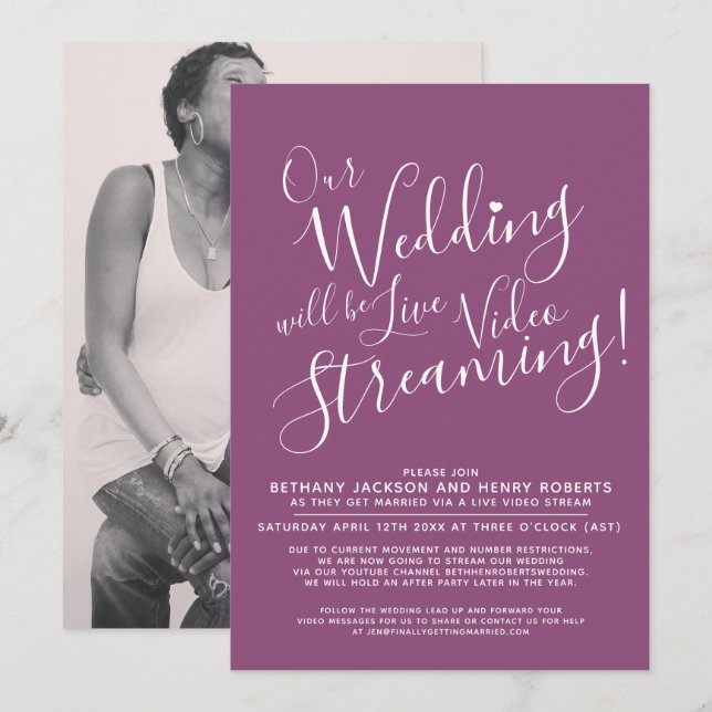 Mulberry purple white photo live streaming wedding invitation (Front/Back)