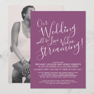 Mulberry purple white photo live streaming wedding invitation