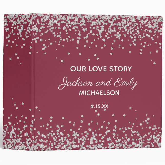 Mulberry Red Silver Confetti Wedding Scrapbook Binder (Front/Spine)