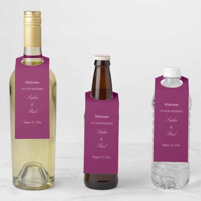 Mulberry Wedding Welcome Bottle Hanger Tags (In Situ)