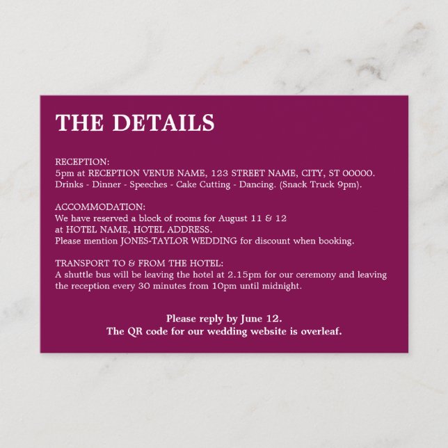 Mulberry Wine QR Code Wedding Details Card (Front)